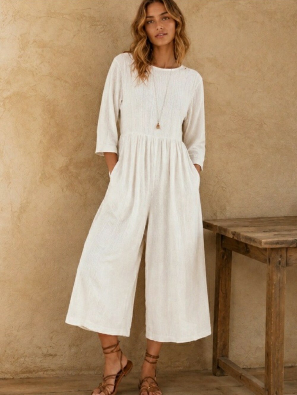Free People Women’s White Cropped Wide-Leg Jumpsuit with 3/4 Sleeves